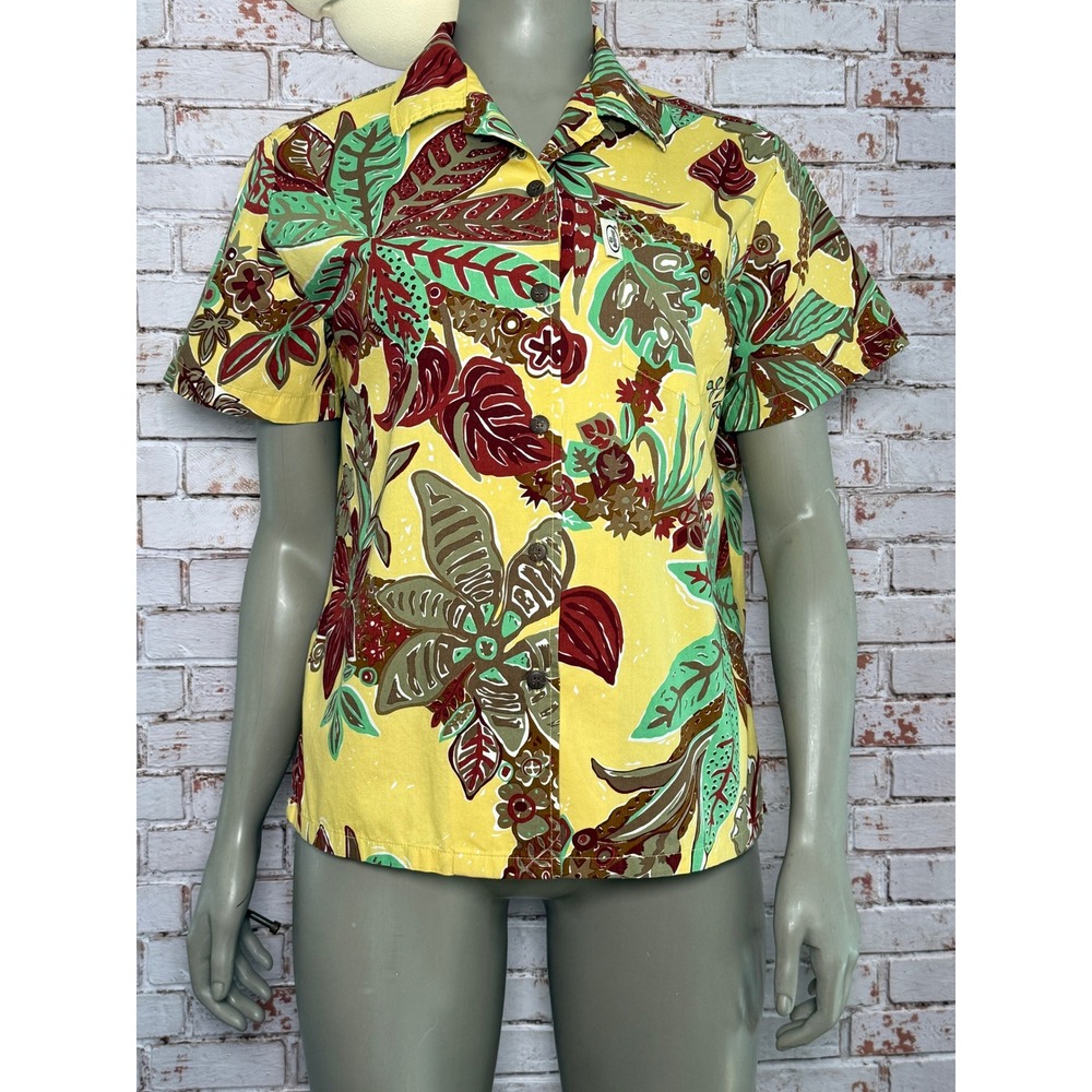 Go Barefoot Pua Nui Hawaiian Shirt Womens M Yellow Tropical Floral Made in‎ USA